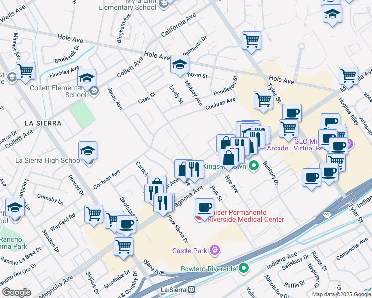 map of restaurants, bars, coffee shops, grocery stores, and more near 3920 Polk Street in Riverside