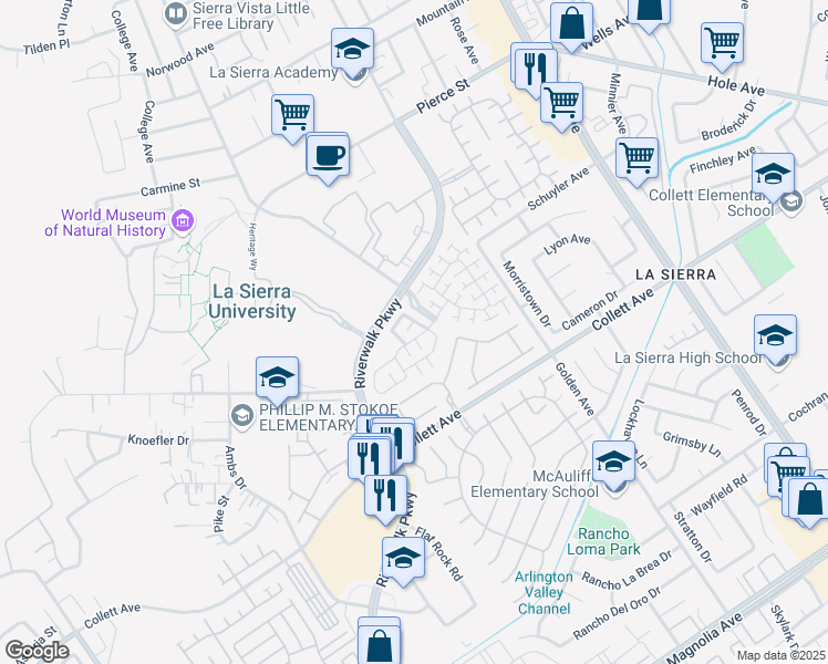 map of restaurants, bars, coffee shops, grocery stores, and more near 4549 Riverscape Drive in Riverside