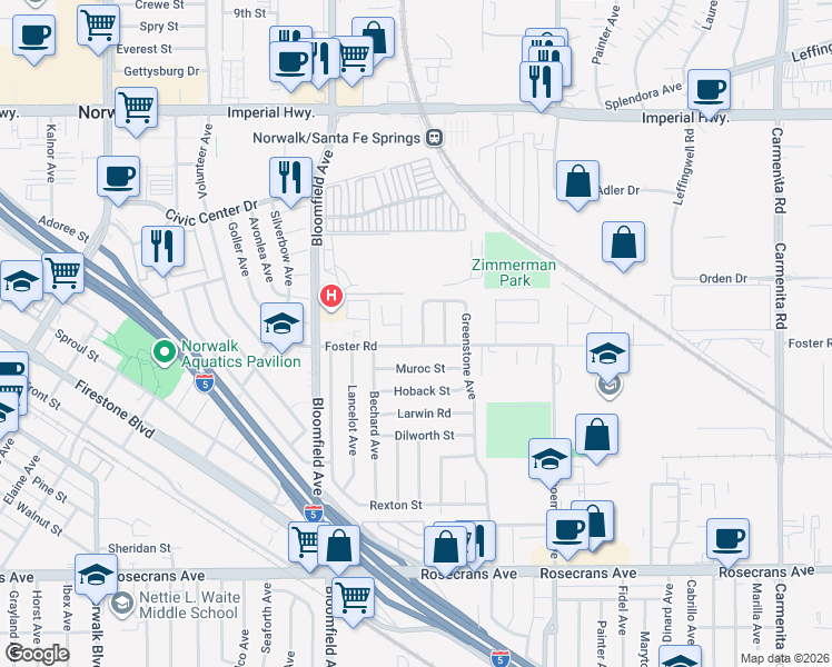 map of restaurants, bars, coffee shops, grocery stores, and more near 13223 Roper Avenue in Norwalk