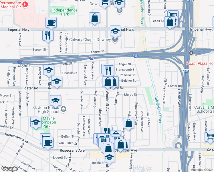 map of restaurants, bars, coffee shops, grocery stores, and more near 13240 Woodruff Avenue in Downey
