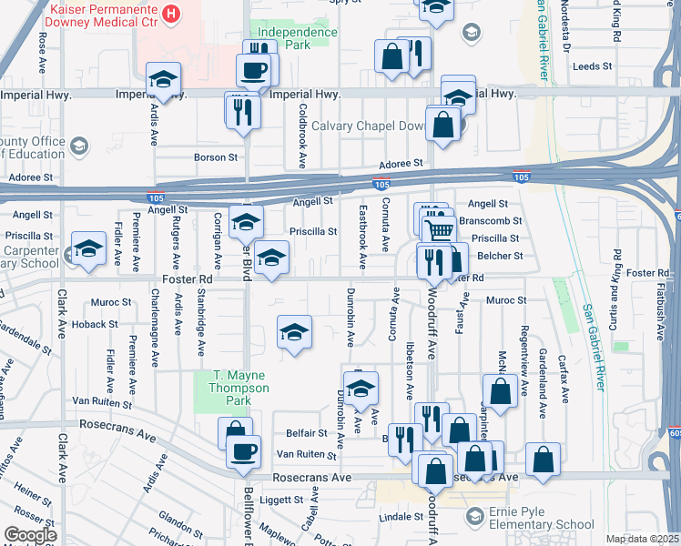 map of restaurants, bars, coffee shops, grocery stores, and more near 13244 Dunrobin Avenue in Downey