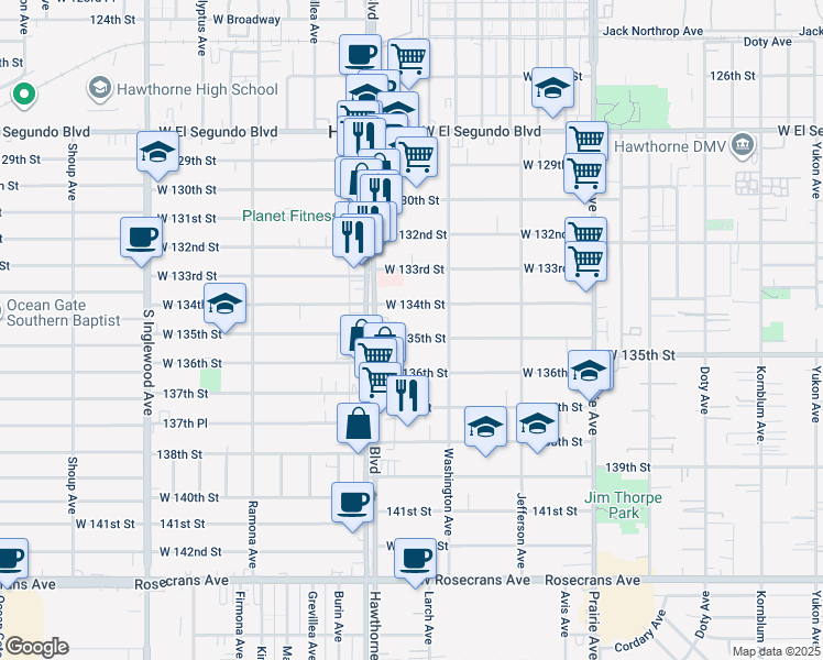 map of restaurants, bars, coffee shops, grocery stores, and more near 4386 West 134th Street in Hawthorne