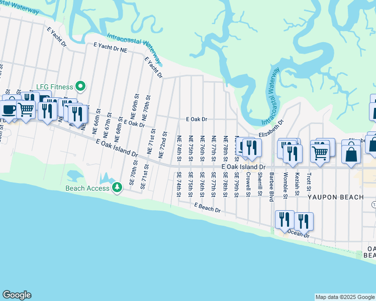 map of restaurants, bars, coffee shops, grocery stores, and more near 117 Northeast 75th Street in Oak Island
