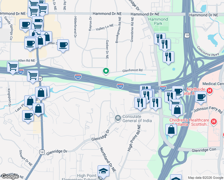 map of restaurants, bars, coffee shops, grocery stores, and more near 5664 Colton Drive Northeast in Atlanta