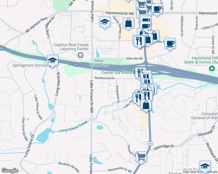 map of restaurants, bars, coffee shops, grocery stores, and more near 5676 Kingsport Drive in Atlanta