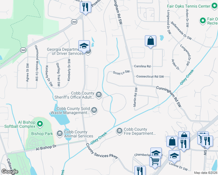 map of restaurants, bars, coffee shops, grocery stores, and more near 857 Scott Lane Southwest in Marietta