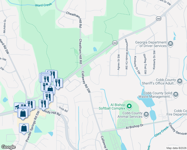 map of restaurants, bars, coffee shops, grocery stores, and more near 1429 Powder Springs Road Southwest in Marietta