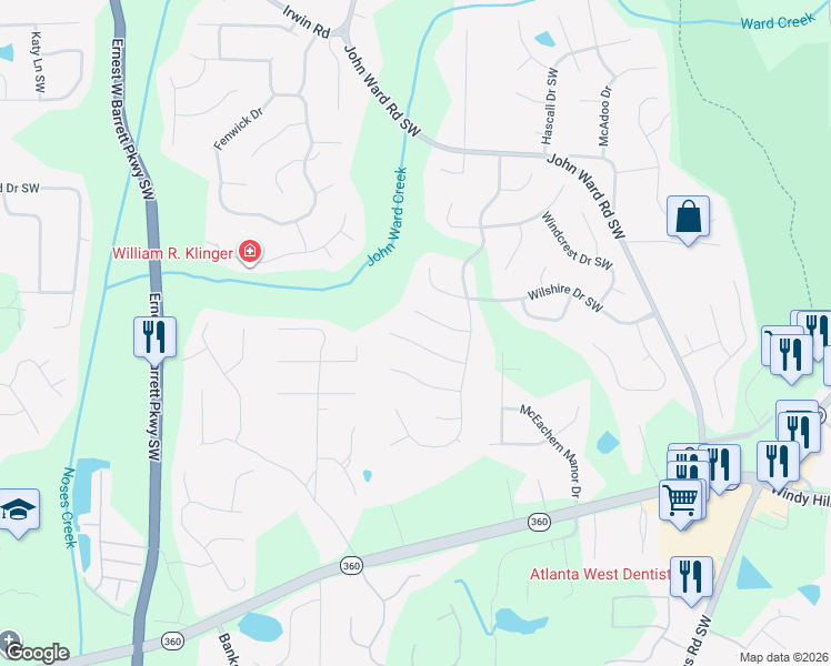 map of restaurants, bars, coffee shops, grocery stores, and more near 2150 Kensington Court Southwest in Marietta