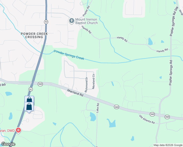 map of restaurants, bars, coffee shops, grocery stores, and more near 292 Moreland Circle in Hiram