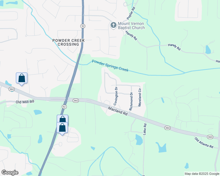 map of restaurants, bars, coffee shops, grocery stores, and more near 45 Waterloo Court in Hiram