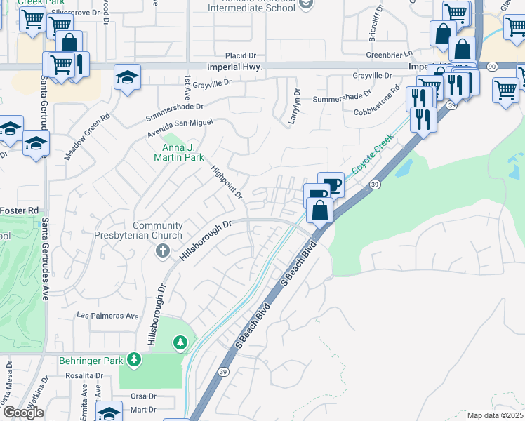 map of restaurants, bars, coffee shops, grocery stores, and more near 13421 Fontwell Court in La Mirada