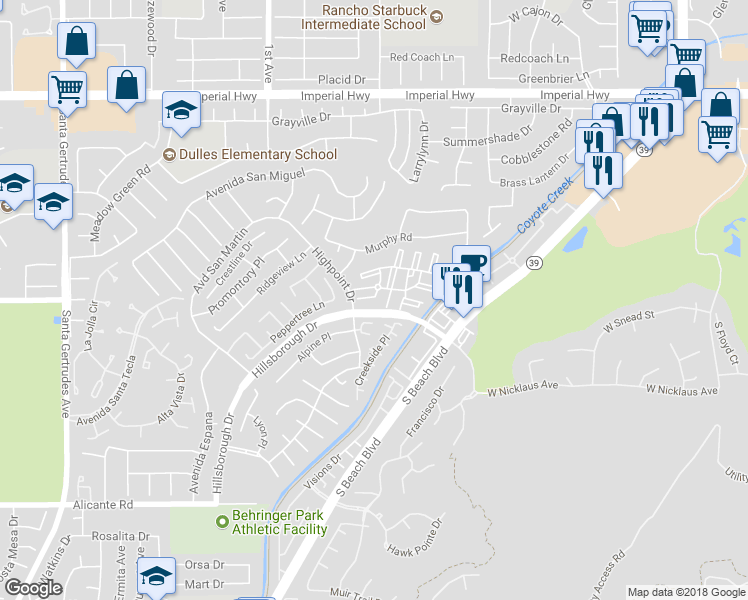map of restaurants, bars, coffee shops, grocery stores, and more near 13421 Fontwell Court in La Mirada