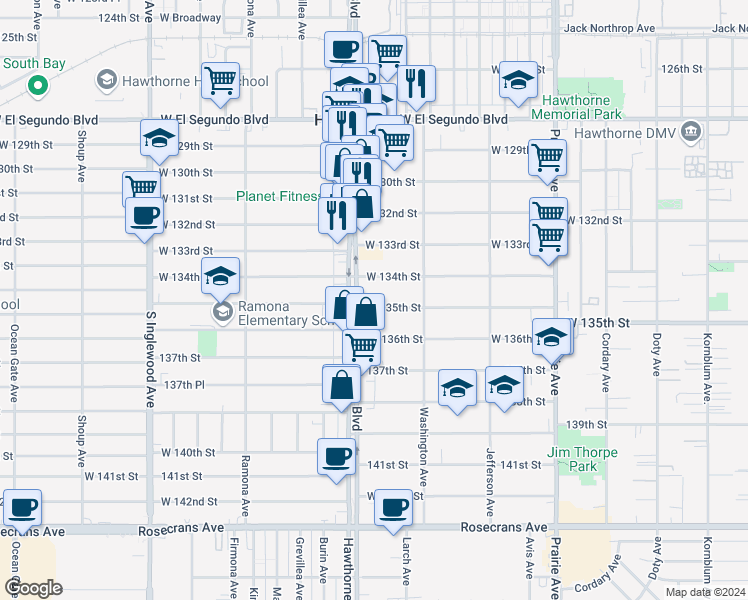 map of restaurants, bars, coffee shops, grocery stores, and more near 4391 West 135th Street in Hawthorne