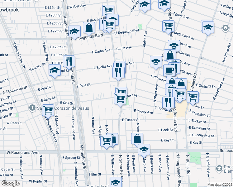 map of restaurants, bars, coffee shops, grocery stores, and more near 1911 North Santa Fe Avenue in Compton