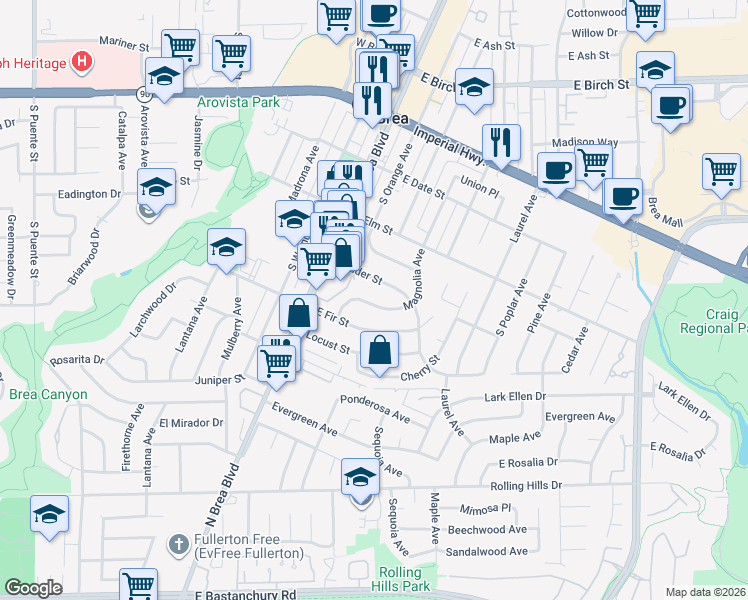 map of restaurants, bars, coffee shops, grocery stores, and more near 647 Magnolia Avenue in Brea