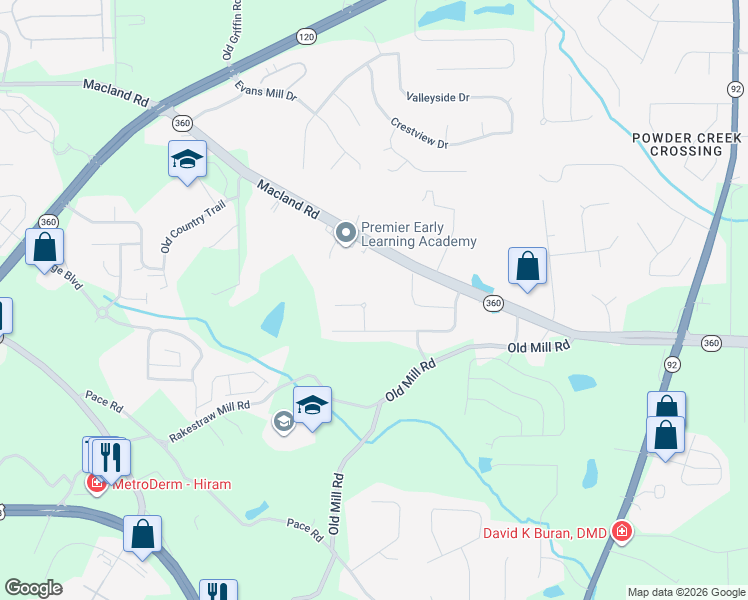 map of restaurants, bars, coffee shops, grocery stores, and more near 70 Macland Mill Court in Dallas