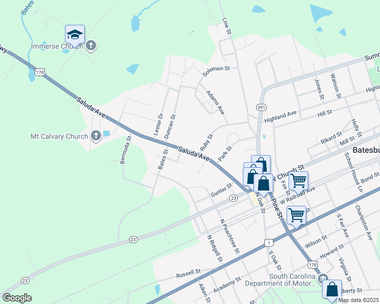 map of restaurants, bars, coffee shops, grocery stores, and more near Saluda Avenue in Batesburg-Leesville