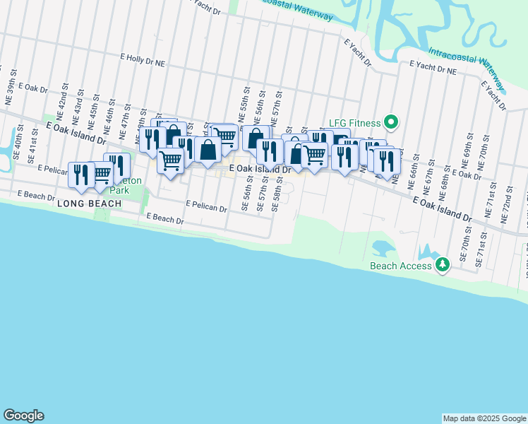 map of restaurants, bars, coffee shops, grocery stores, and more near 105 Southeast 58th Street in Oak Island