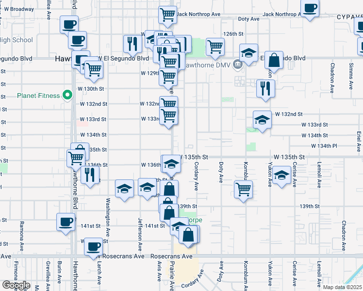 map of restaurants, bars, coffee shops, grocery stores, and more near 13418 Roselle Avenue in Hawthorne