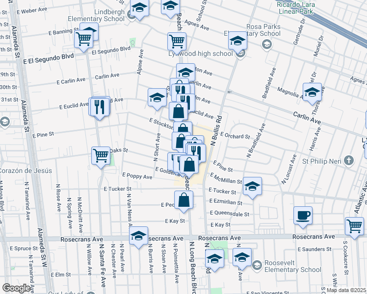 map of restaurants, bars, coffee shops, grocery stores, and more near 2025 North Long Beach Boulevard in Compton