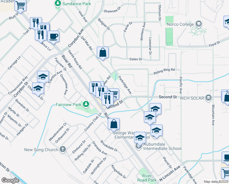 map of restaurants, bars, coffee shops, grocery stores, and more near 1966 Trotter Trail in Norco
