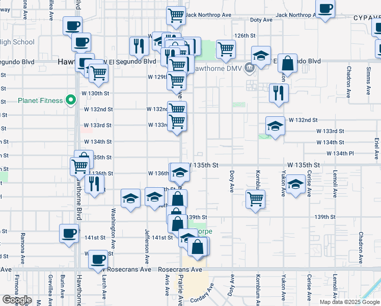 map of restaurants, bars, coffee shops, grocery stores, and more near 13433 Roselle Avenue in Hawthorne