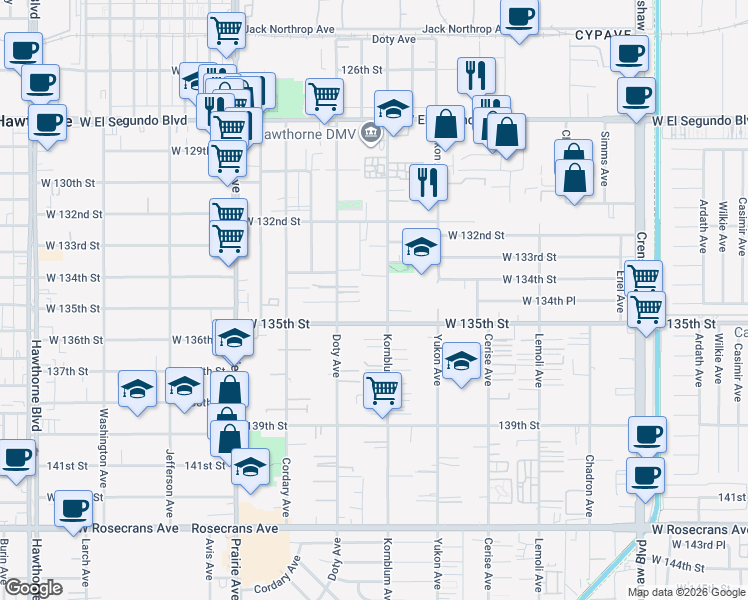map of restaurants, bars, coffee shops, grocery stores, and more near 13437 Kornblum Avenue in Hawthorne