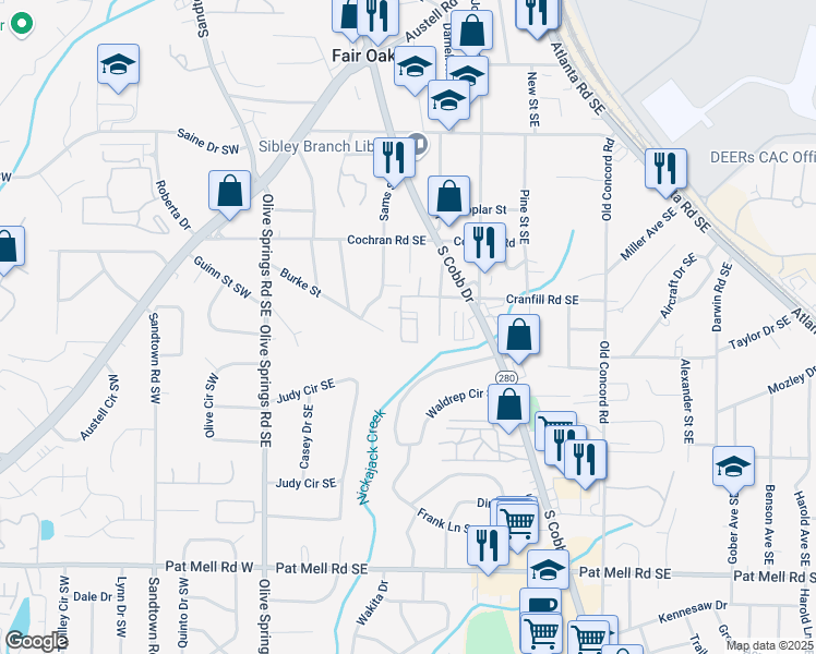 map of restaurants, bars, coffee shops, grocery stores, and more near 162 Cranfill Road in Marietta