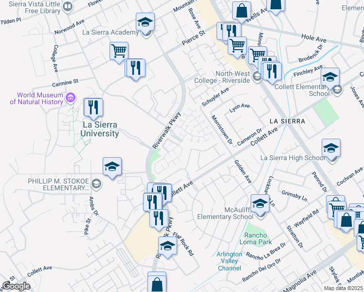 map of restaurants, bars, coffee shops, grocery stores, and more near 4491 Brookbridge Drive in Riverside