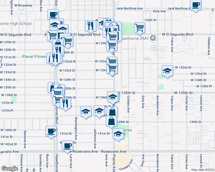 map of restaurants, bars, coffee shops, grocery stores, and more near 4060 West 134th Street in Hawthorne