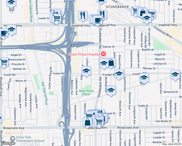 map of restaurants, bars, coffee shops, grocery stores, and more near 10917 Foster Road in Norwalk