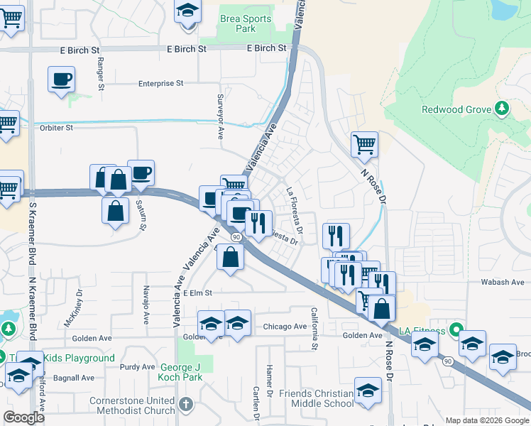 map of restaurants, bars, coffee shops, grocery stores, and more near 420 La Crescenta Drive in Brea