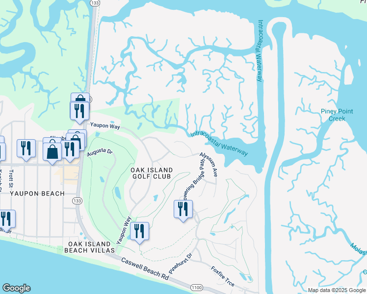 map of restaurants, bars, coffee shops, grocery stores, and more near 603 Mimosa Place in Caswell Beach