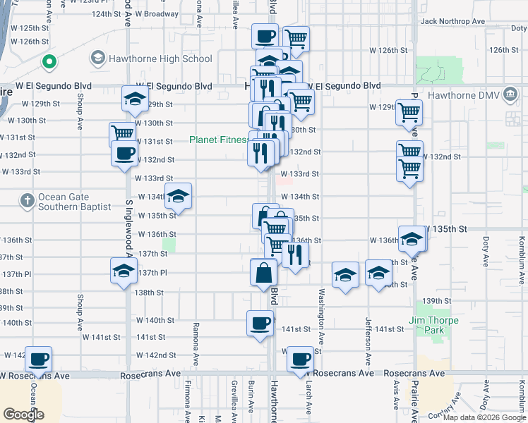 map of restaurants, bars, coffee shops, grocery stores, and more near 13415 Hawthorne Boulevard in Hawthorne