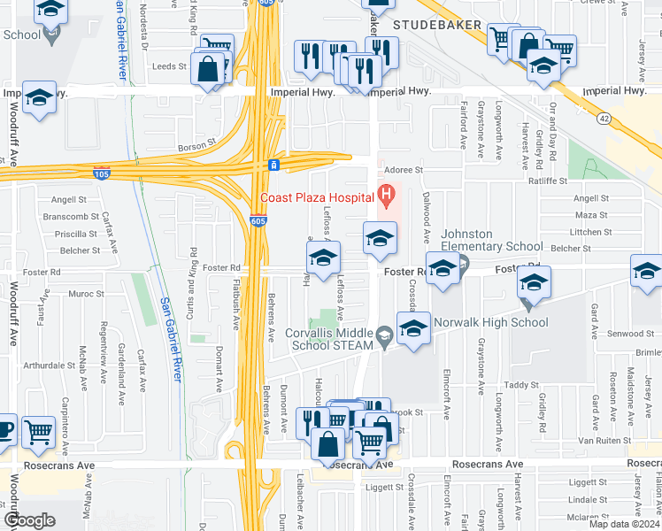 map of restaurants, bars, coffee shops, grocery stores, and more near 10903 Foster Road in Norwalk