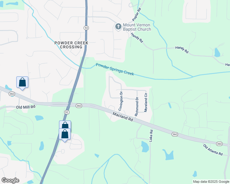 map of restaurants, bars, coffee shops, grocery stores, and more near 45 Waterloo Court in Hiram