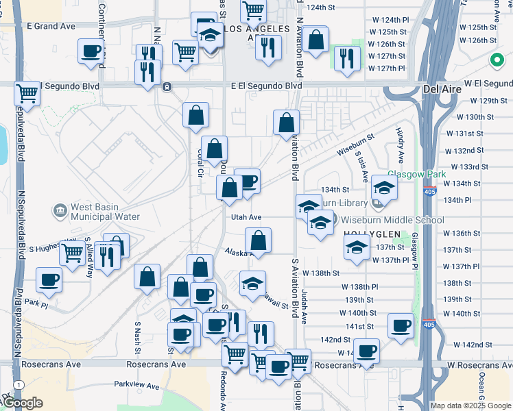 map of restaurants, bars, coffee shops, grocery stores, and more near 2355 Utah Avenue in El Segundo