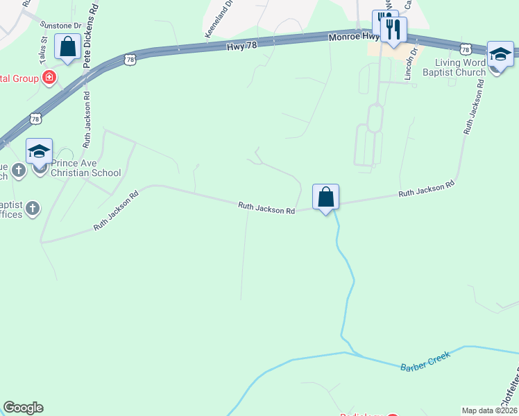 map of restaurants, bars, coffee shops, grocery stores, and more near 1580 Ruth Jackson Road in Bogart