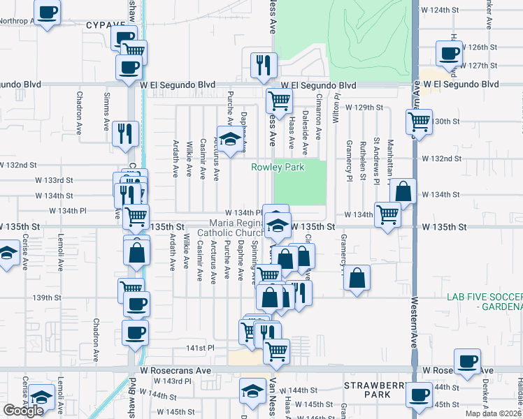 map of restaurants, bars, coffee shops, grocery stores, and more near 13400 Spinning Avenue in Gardena