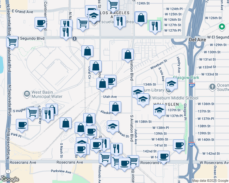 map of restaurants, bars, coffee shops, grocery stores, and more near 2355 Utah Avenue in El Segundo