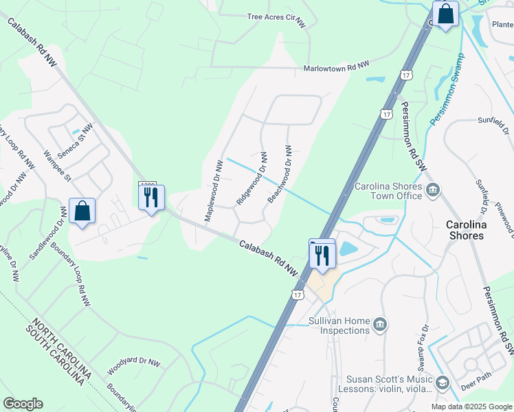 map of restaurants, bars, coffee shops, grocery stores, and more near 223 Beachwood Dr NW in Calabash