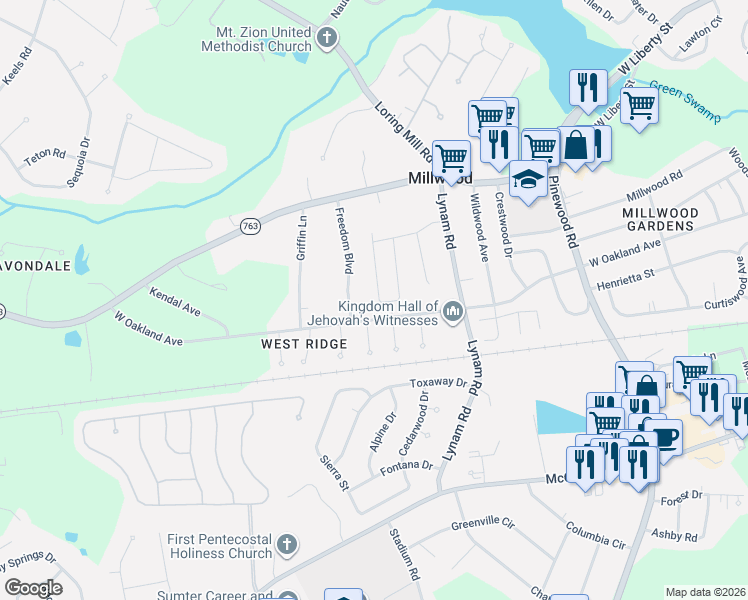 map of restaurants, bars, coffee shops, grocery stores, and more near 305 Freedom Boulevard in Sumter