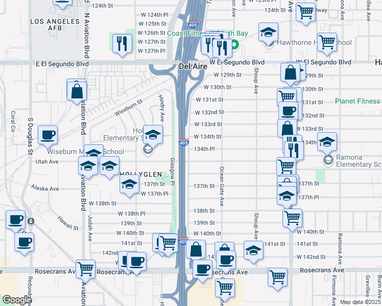 map of restaurants, bars, coffee shops, grocery stores, and more near 5176 134th Place in Hawthorne