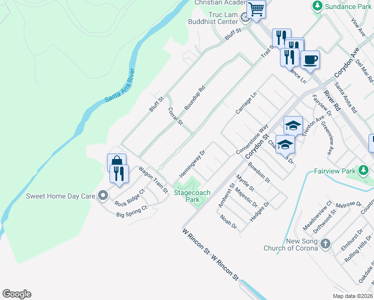 map of restaurants, bars, coffee shops, grocery stores, and more near 5293 Trail Street in Norco