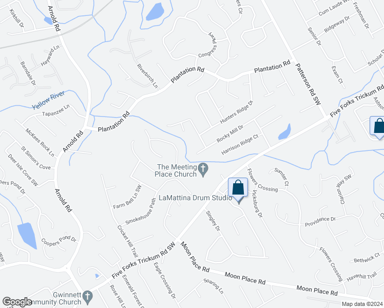 map of restaurants, bars, coffee shops, grocery stores, and more near 2221 Rocky Mill Drive in Lawrenceville