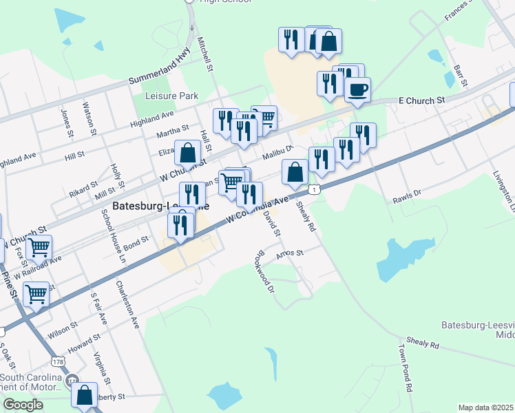 map of restaurants, bars, coffee shops, grocery stores, and more near 147 West Columbia Avenue in Batesburg-Leesville