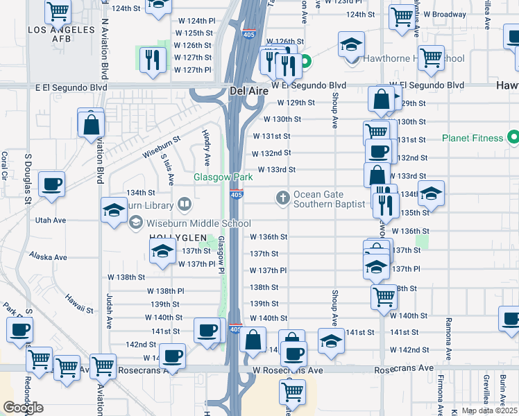 map of restaurants, bars, coffee shops, grocery stores, and more near 5169 134th Place in Hawthorne