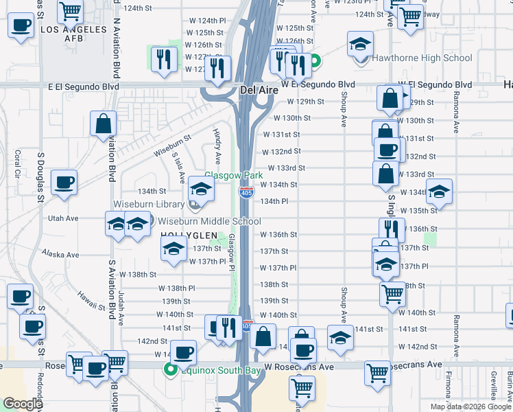 map of restaurants, bars, coffee shops, grocery stores, and more near 5176 134th Place in Hawthorne