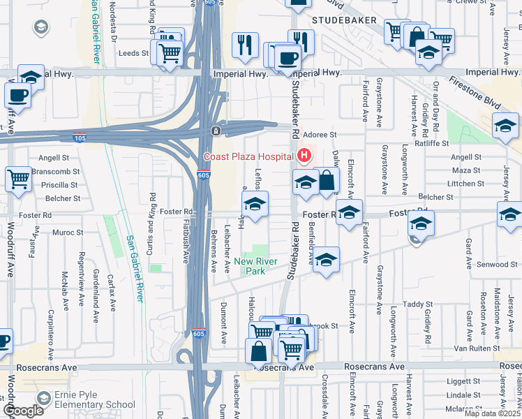 map of restaurants, bars, coffee shops, grocery stores, and more near 10903 Foster Road in Norwalk