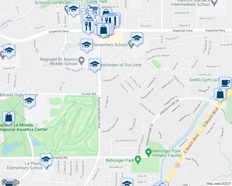 map of restaurants, bars, coffee shops, grocery stores, and more near in La Mirada